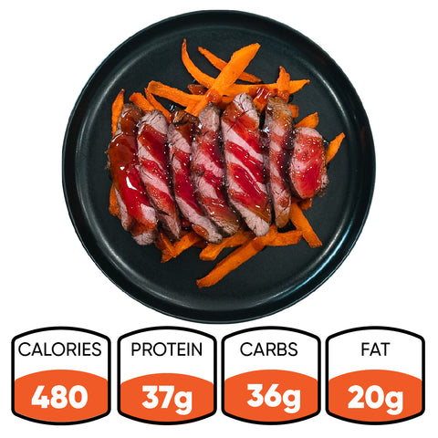 The Soho Steak Bowl features sliced steak with sauce over sweet potato fries. Nutrition: 480 calories, 37g protein, 36g carbs, and 20g fat—an Asian-inspired, healthy lunch option.