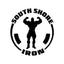 Logo with the words South Shore Iron encircling a silhouette of a muscular person flexing, flanked by two curved barbell weights on a white background.