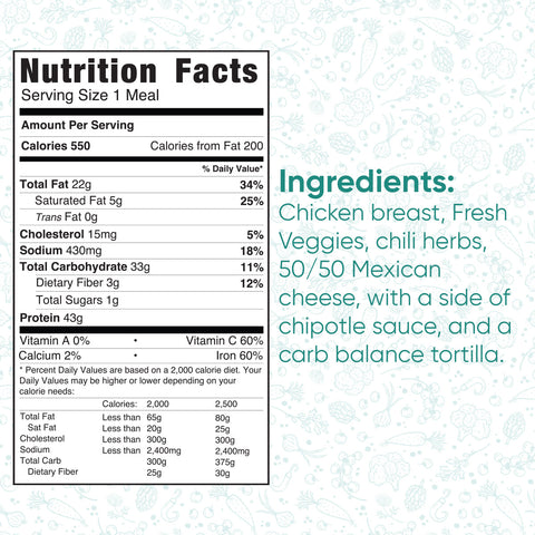 The Southwest Chicken Quesadilla has 550 calories per serving and contains chicken breast, fresh veggies, chili herbs, chipotle sauce, Mexican cheese blend, and a carb balance tortilla, with full protein, fat, carbs, and sodium details on the label.