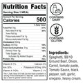 Nutrition label for Spaghetti Bolognese: 500 calories per serving. Contains dairy and gluten. Main ingredients: protein pasta, ground beef Bolognese, onion, carrot, tomato paste and sauce, black pepper, salt, garlic, oregano, heavy cream.