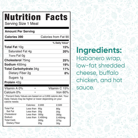 The Spicy Buffalo Wrap’s nutrition label shows 390 calories per meal and details fats, cholesterol, sodium, carbs, and protein. Ingredients include a habanero wrap, low-fat cheese, buffalo chicken, and hot sauce—great for healthy wraps or meal prep.
