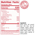 Nutrition Facts label for Stacked and Jacked, a high-protein meal with 520 calories per serving. Contains dairy. Made with grass-fed beef, cheddar cheese, ketchup, mustard, white bread bun, potato, salt, pepper, garlic spices.