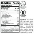 Strawberry Protein French Toast: Gluten-free, 420 calories per serving. Made with Texas toast, eggs, whey protein, low fat cream cheese, cinnamon, sweeteners, and a strawberry compote. Contains dairy.