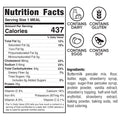 Nutrition facts label for Jelly Donut Buffin Pancakes: 437 calories per serving. Contains dairy, gluten, eggs, and soy. Ingredients include buttermilk pancake mix, syrup, butter, eggs, and other components.