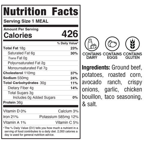 The Street Corn Beef Bowl has 426 calories per meal with detailed fat, cholesterol, sodium, carbs, and protein info. Contains dairy, eggs, gluten. Ingredients: beef, potatoes, corn, avocado, onion, and seasonings.