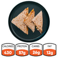 Three folded quesadillas on a black plate, featuring the Strongsville Chicken Ranch Fold with HALAL Turkey bacon. Below, nutrition facts show: 430 calories, 57g protein, 26g carbs, and 12g fat—a high-protein meal for any time of day.