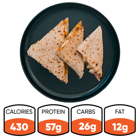 Three folded quesadillas on a black plate, featuring the Strongsville Chicken Ranch Fold with HALAL Turkey bacon. Below, nutrition facts show: 430 calories, 57g protein, 26g carbs, and 12g fat—a high-protein meal for any time of day.