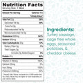 Sunrise Breakfast nutrition facts: 460 calories, 22g fat, 31g carbs, 41g protein. Made with turkey sausage, cage-free whole eggs, seasoned potatoes cheddar cheese—ideal for healthy meal prep.