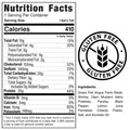 Nutrition facts label for Surf N Turf Shrimp Steak: 410 calories, 10g fat, 32g protein, and 20g carbs per serving. Gluten free. Made with grass-fed Angus steak, shrimp, vegetables, spices, and avocado oil.
