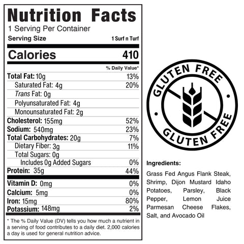 Nutrition facts label for Surf N Turf Shrimp Steak: 410 calories, 10g fat, 32g protein, and 20g carbs per serving. Gluten free. Made with grass-fed Angus steak, shrimp, vegetables, spices, and avocado oil.