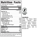 Nutrition facts label for 1 Surf N Turf Shrimp Steak shows 310 calories per serving. This gluten-free, high-protein meal prep features steak, shrimp, potatoes, parsley, black pepper, lemon juice, parmesan flakes, salt, and avocado oil.