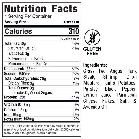 Nutrition facts label for 1 Surf N Turf Shrimp Steak shows 310 calories per serving. This gluten-free, high-protein meal prep features steak, shrimp, potatoes, parsley, black pepper, lemon juice, parmesan flakes, salt, and avocado oil.