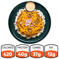 Try the Taco Poblano Bowl: rice with ground meat, shredded cheese, jalapeños, poblano peppers, and onions, served with sauce. 420 calories, 40g protein, 37g carbs, 12g fat.