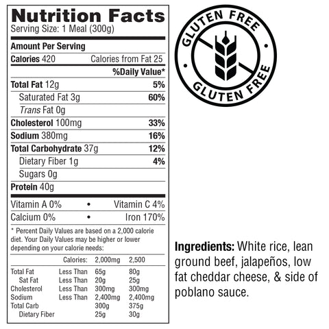 The Taco Poblano Bowl gluten-free Mexican dish has, per 300g serving: 420 calories, 12g fat, 100mg cholesterol, 380mg sodium, 37g carbs 4g fiber, and 40g protein. Features rice, beef, jalapeños, cheese poblano sauce.