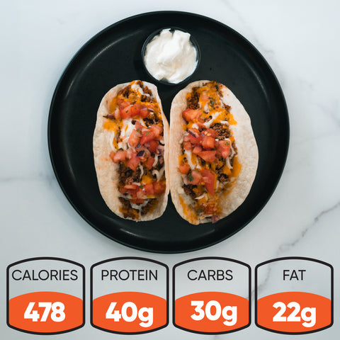 Taco Tuesday Tacos: Two high-protein tacos with ground beef, cheese, and diced tomatoes on a black plate, served with sour cream. Nutrition: 478 calories, 40g protein, 30g carbs, 22g fat. Enjoy bold Mexican-inspired flavor in every bite.