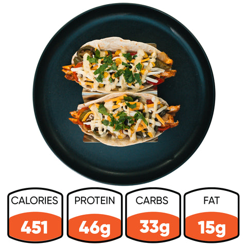 Mexican Taco: Two flavorful tacos packed with meat, cheese, and veggies. Nutrition: 451 calories, 46g protein, 33g carbs, 15g fat. Ideal for meal prep or a high-protein chicken meal.