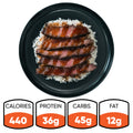 The Teriyaki Flank Bowl features sliced steak in teriyaki sauce over white rice, with 440 calories, 36g protein, 45g carbs, and 12g fat—making it a smart pick for healthy eating and simple meal prep.