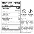 Nutrition facts for the Texas Queso Steak Bowl: this high-protein, gluten-free meal contains 508 calories, 44g protein, and 38g carbohydrates. Dairy is present. Ingredients include steak, rice, cheese, vegetables, and spices.