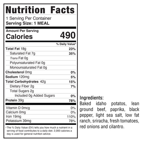 Nutrition facts label for TexMex Potato Hash: 490 calories per meal with details on fat, cholesterol, carbs, protein, and vitamins. This high-protein meal prep contains ground beef, potatoes, spices, tomatoes, onions, and cilantro.