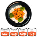 Thai Chili Chicken: A black plate with rice, Thai chili chicken pieces, and broccoli. Nutrition facts below show 462 calories, 53g protein, 40g carbs, and 10g fat—orange and white labels mark it as dairy-free and high in protein.