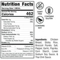 Nutrition facts label for Thai Chili Chicken—462 calories/serving, high protein. Dairy-free; contains gluten and soy. Ingredients: chicken breast, sticky rice, broccoli, peppers, garlic, Thai chili sauce.