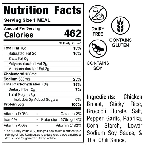 Nutrition facts label for Thai Chili Chicken—462 calories/serving, high protein. Dairy-free; contains gluten and soy. Ingredients: chicken breast, sticky rice, broccoli, peppers, garlic, Thai chili sauce.