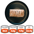 The Arches Mac Daddy Wrap—a grilled burrito served on a black plate—delivers cheeseburger-inspired flavor in every bite, packing 543 calories, 42g protein, 43g carbs, and 22.5g fat for a perfect macro-friendly lunch.