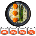 smith point meal with meatballs, asparagus, and rice