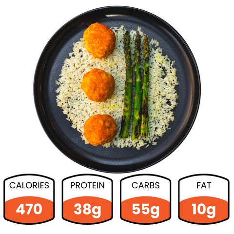 smith point meal with meatballs, asparagus, and rice
