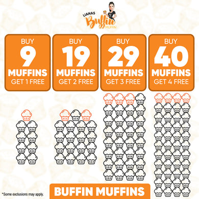 A promo chart for Buffin Muffin Variety highlights bundle deals: Buy 9, get 1 free; 19, get 2 free; 29, get 3 free; or 40, get 4 free—each irresistible discount shown with eye-catching muffin icons.