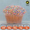 A Buffin Muffin topped with colorful sprinkles is pictured. Nutrition facts: 408 calories, 25g protein, 50g carbs, 12g fat, 1g fiber. A “Leaving Soon” label appears in the top right. Enjoy Buffin Muffins in many flavors.