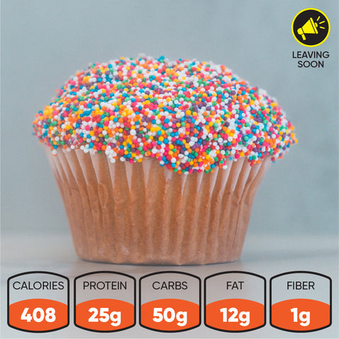 A Buffin Muffin topped with colorful sprinkles is pictured. Nutrition facts: 408 calories, 25g protein, 50g carbs, 12g fat, 1g fiber. A “Leaving Soon” label appears in the top right. Enjoy Buffin Muffins in many flavors.