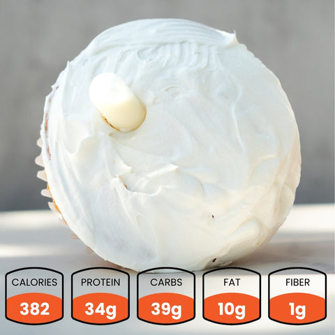 Tres leches muffin on it's side with nutritional information displayed on a gray background
