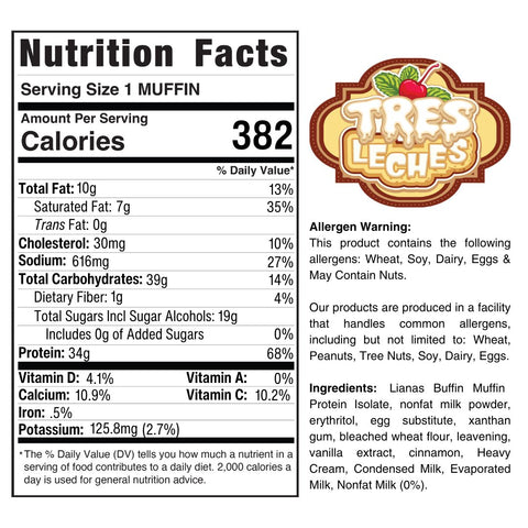 Nutrition facts label for a muffin with Lianas Leches logo and allergen warning.
