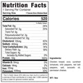 Tuscan Orzo Chicken Bowl: 520 calories per 9oz serving. Nutrition label details nutrients, daily values, and ingredients like chicken breast, orzo, tomatoes, and avocado oil in this Mediterranean-inspired high protein meal.