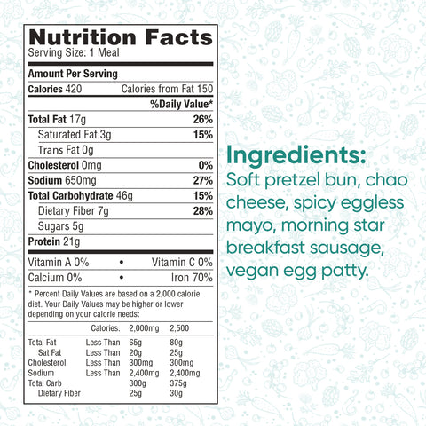 Nutrition facts for Vegan Breakfast Sandwich: 420 calories and 21g protein. Made with a soft pretzel bun, Chao cheese, spicy eggless mayo, MorningStar breakfast sausage, and vegan egg patty—the perfect high-protein vegan breakfast.