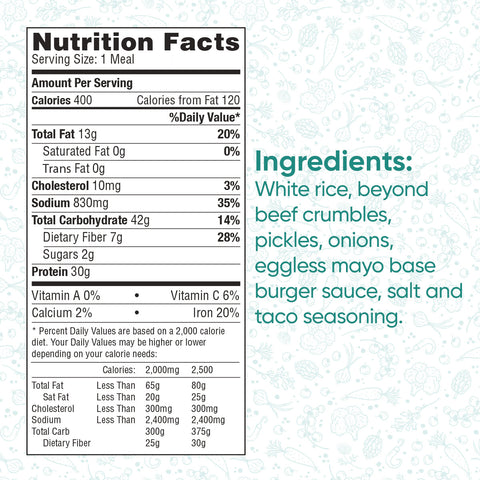 Nutrition facts and ingredients for the Vegan Cheeseburger Bowl: white rice, Beyond Beef crumbles, black beans, onions, eggless mayo base, burger sauce, salt, and taco seasoning—ideal for vegan meal prep.