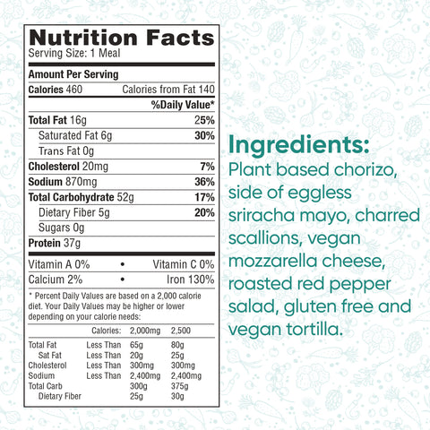 Vegan Chorizo Quesadilla nutrition: 460 calories, 17g protein, 52g carbs per serving. Made with vegan chorizo, eggless mayo, scallions, vegan cheese, pepper salad, and a gluten-free tortilla—ideal for a healthy lunch.