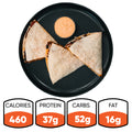 The Vegan Chorizo Quesadilla features three slices on a black plate with orange dipping sauce, offering 460 calories, 37g protein, 52g carbs, and 16g fat—a flavorful option for lunch or dinner.