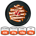 The Nacho Average Vegan Bowl features seasoned fries with plant-based protein, sauce, and garnish. Nutrition highlights: 410 calories, 27g protein, 42g carbs, and 15g fat—making it a tasty meatless option for any meal.