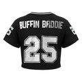 The Women’s Cropped Mesh Jersey – Black White Trim is a sporty black top with "BUFFIN BRADDIE" and a bold number 25 on the back, plus the number 25 on both sleeves, blending style and comfort.