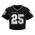 The Women’s Cropped Mesh Jersey – Black White Trim features bold white number 25 on front and sleeves, "buffin baddie club" text above the number, white trim details, and a sporty, stylish cropped fit.