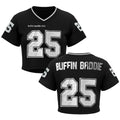 The Women’s Cropped Mesh Jersey – Black White Trim features “buffin baddie club” in small text on the front, a bold white number 25 on both sides, and “BUFFIN BADDIE” across the back—a sporty, breathable athletic top.