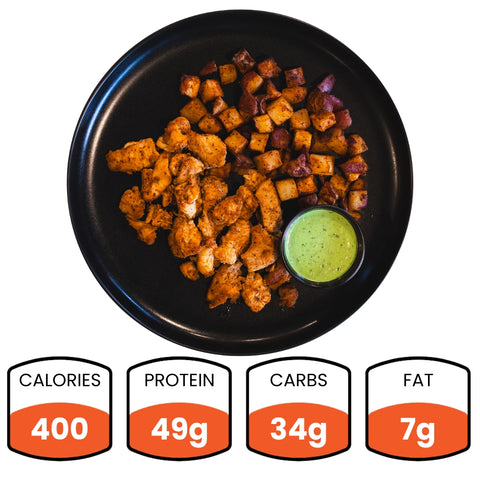 The Zeus Bowl V2 (Subscription) features seasoned chicken kebab pieces, roasted diced potatoes, and green dipping sauce. Nutrition: 400 calories, 49g protein, 34g carbs, and 7g fat.