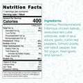 Nutrition facts label for Zeus Bowl V2 shows 400 calories per serving. Ingredients: chicken kebab, red potato cubes, Zeus sauce, garlic, cumin, tomato paste, black pepper, low fat yogurt, and spinach.
