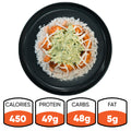 The Zeus Bowl features jasmine rice, Zeus chicken, shredded cheese, and green sauce. It has 450 calories, 49g protein, 48g carbs, and 5g fat—an appetizing choice for a satisfying meal.