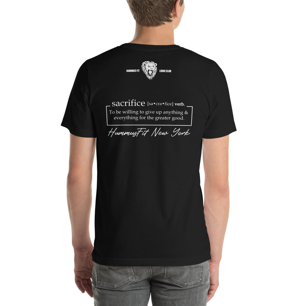 Camiseta negra unisex con significado de sacrificio